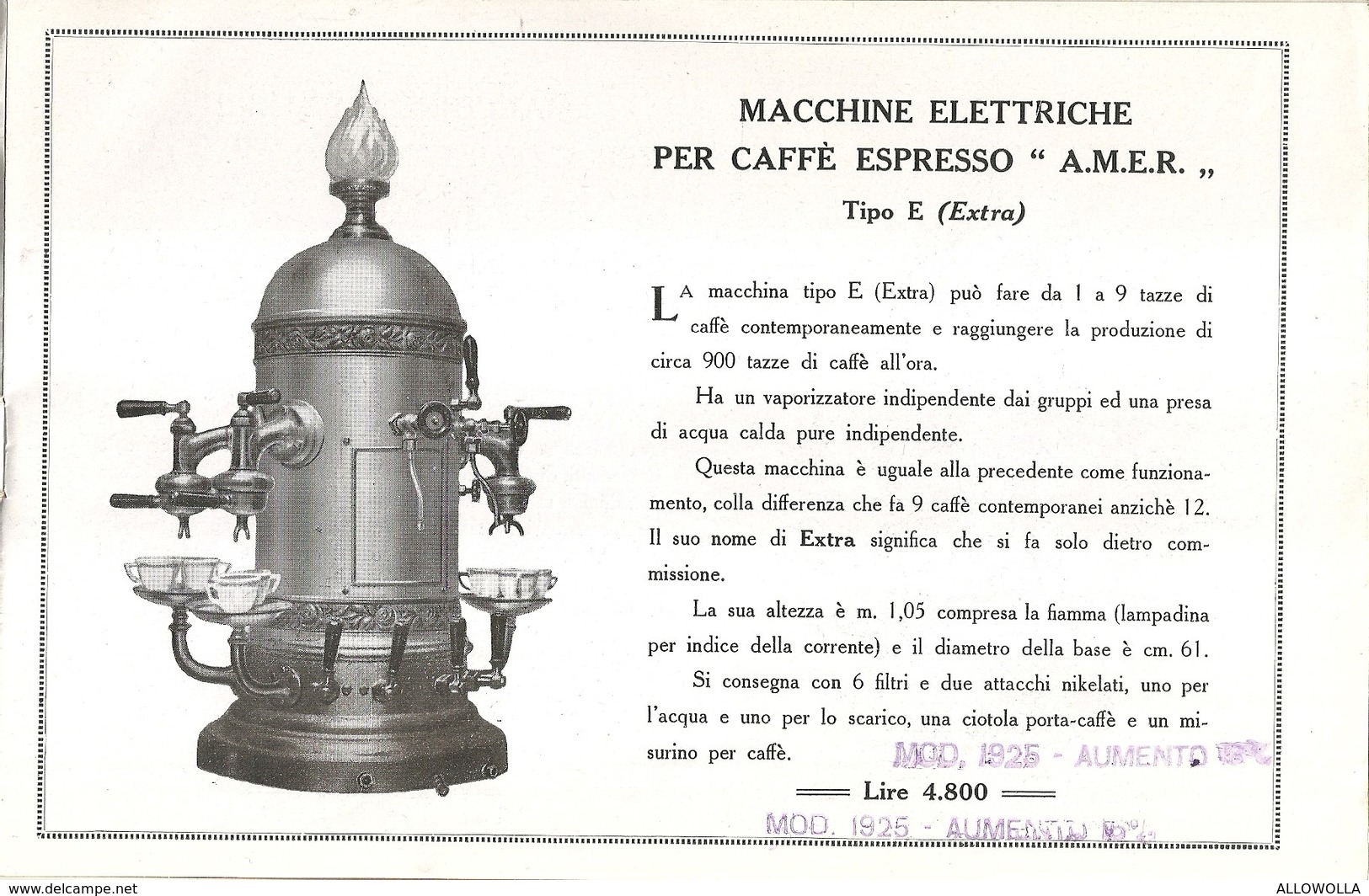 1695 " AMER-MACCHINE ELETTRICHE PER CAFFE' ESPRESSO-1925 " DOCUMENTO ORIGINALE