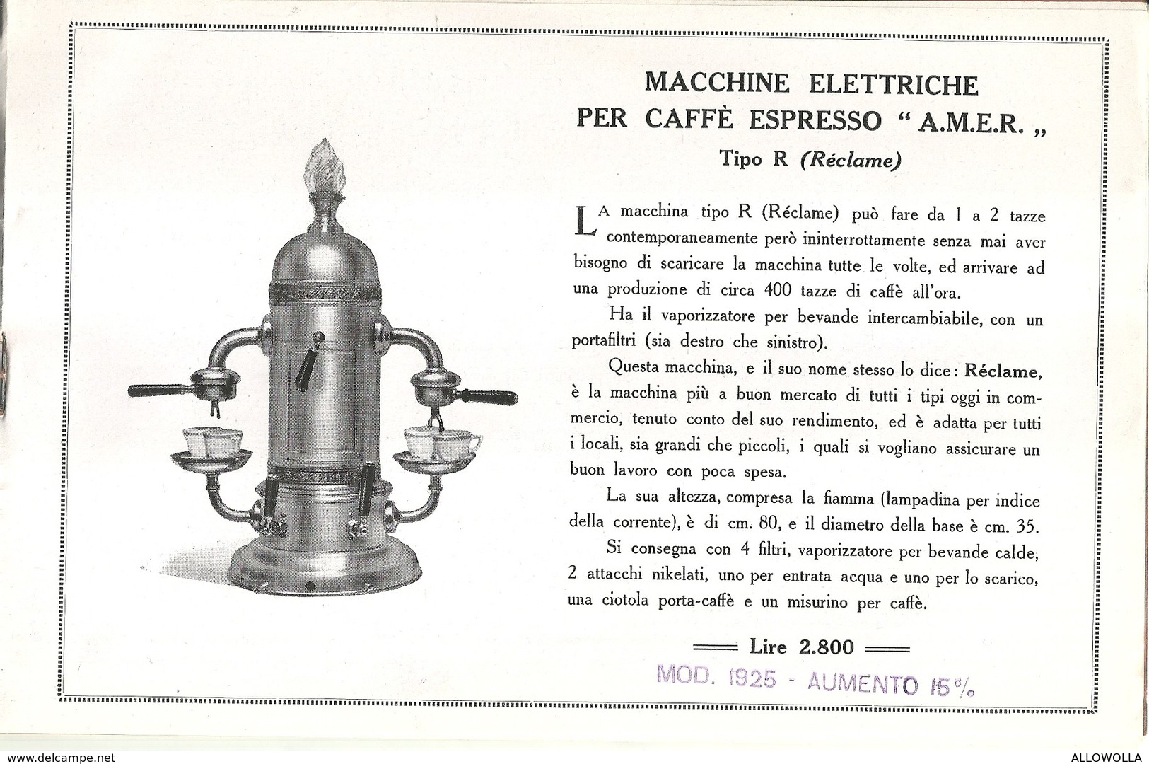 1695 " AMER-MACCHINE ELETTRICHE PER CAFFE' ESPRESSO-1925 " DOCUMENTO ORIGINALE