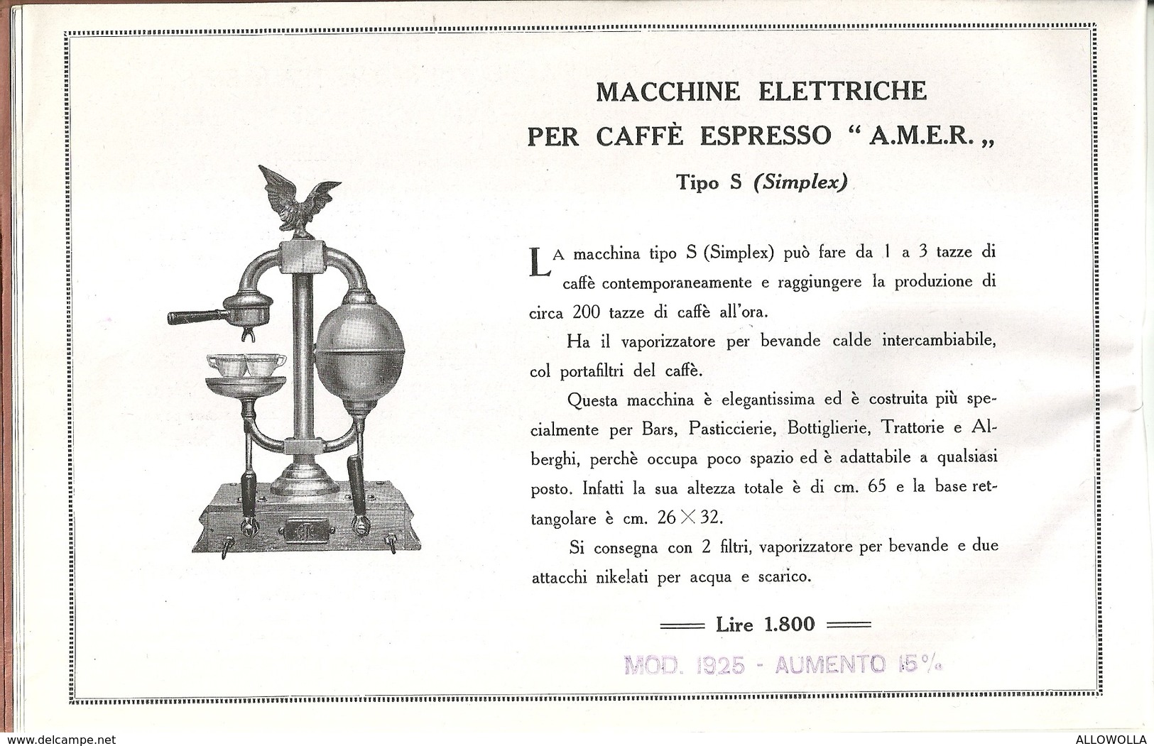 1695 " AMER-MACCHINE ELETTRICHE PER CAFFE' ESPRESSO-1925 " DOCUMENTO ORIGINALE