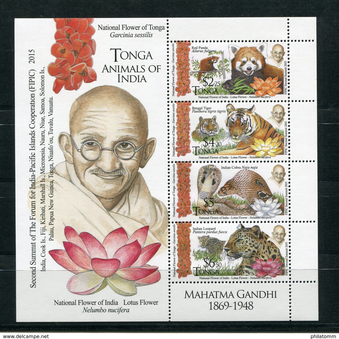 Tonga - Block Nr. 100 - "2. Gipfeltreffen Des Forums Für Zusammenarbeit / Gandhi Und Tiere" ** / MNH (aus Dem Jahr 2016) - Tonga (1970-...)