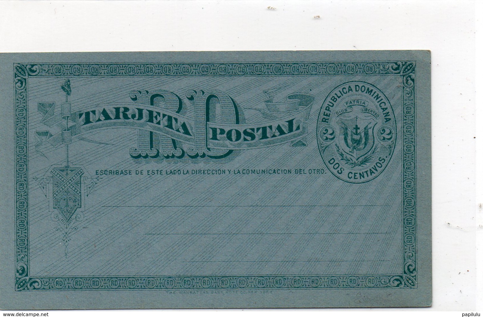 TIMBRE (33) Entier Postal Républica Dominicana Dos Centavos ( Couleur Tirant Sur Vert Bleu ) - Repubblica Domenicana