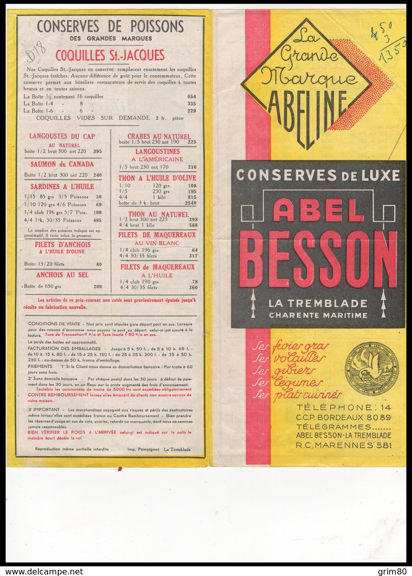 DEPLIANT   CONSERVES DE LUXE    ABEL   BESSON - Non Classificati