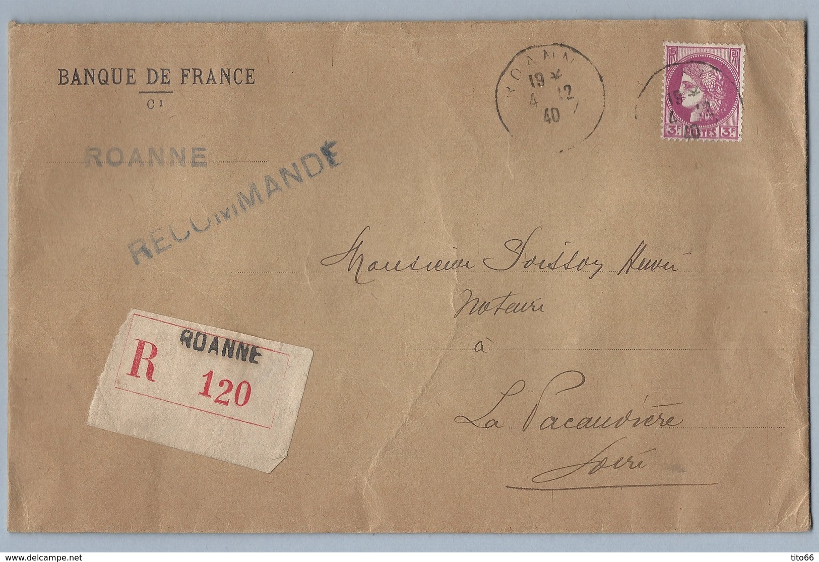 N° 376 Cérès 3F Sur Lettre Recommandé Cachetée De La Banque De France Succursale De Roanne 4/12/40 - 1921-1960: Période Moderne