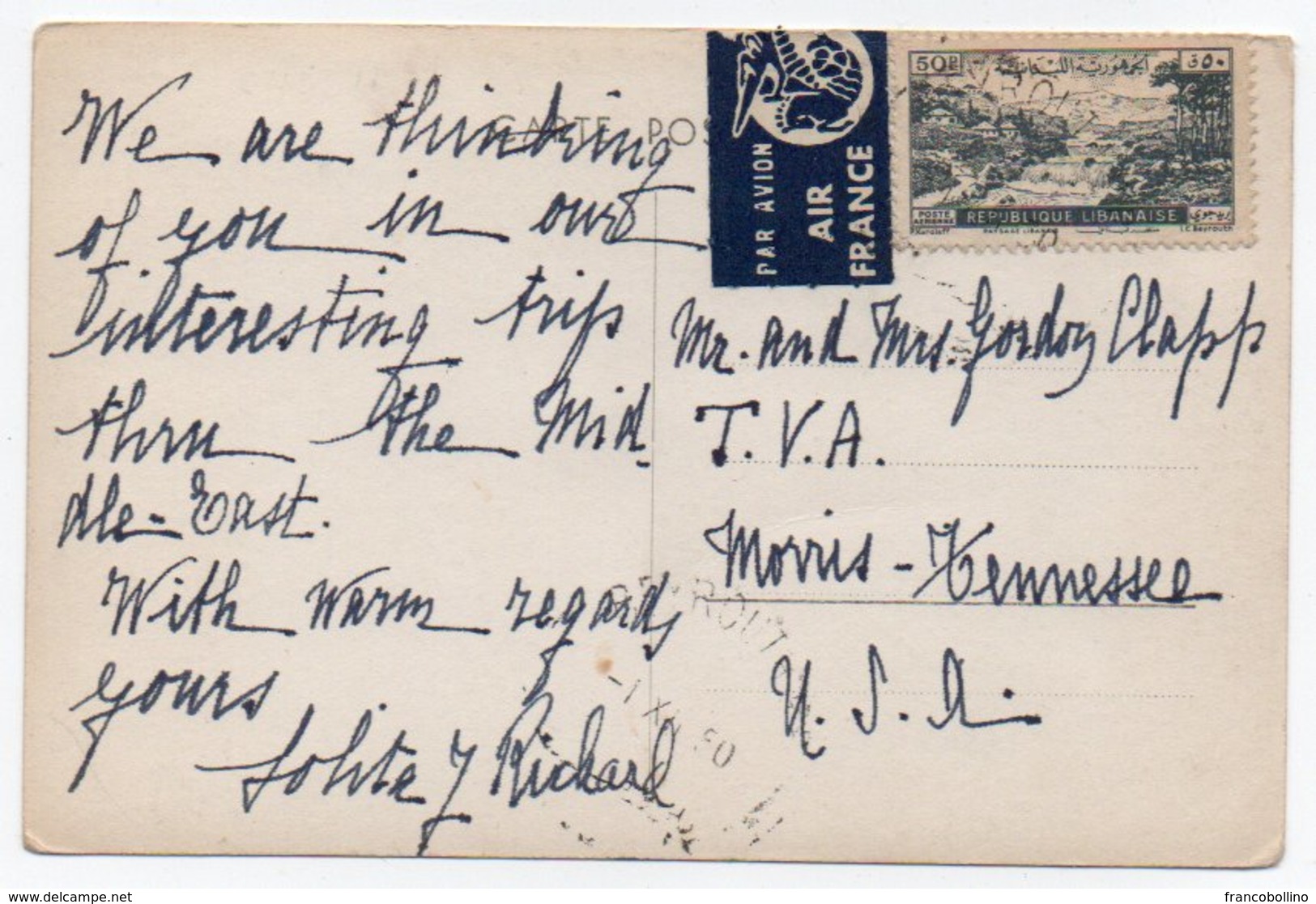 LIBAN/LEBANON - BAALBECK PANORAMA / CIRCULATED TO USA 1950 / AIR FRANCE AIR MAIL LABEL - Libano