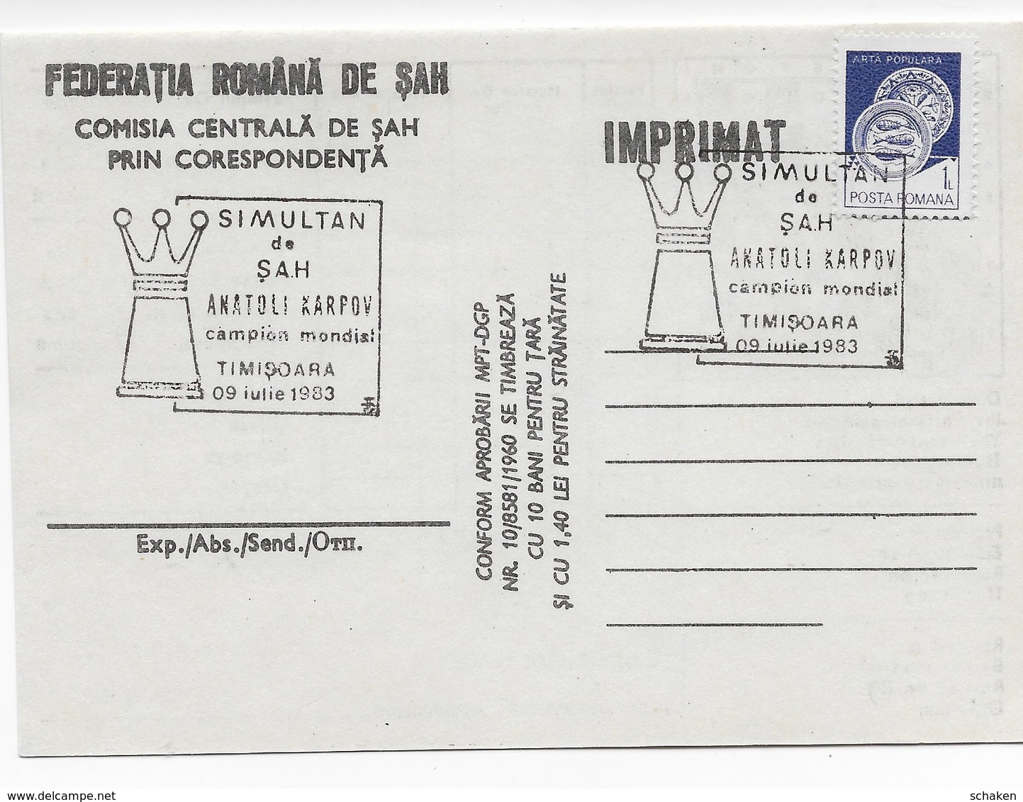 Romania ; Chess Xadrez Sah;  Cover Simultan Anatoli Karpov - Briefe U. Dokumente