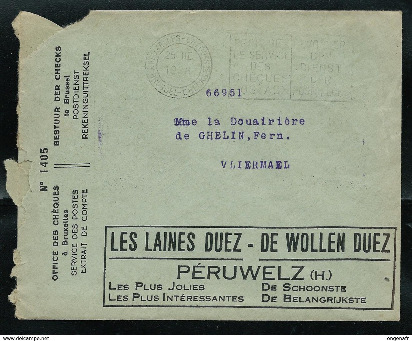 LSC Des CCP Avec Pubs:  Les Laines DUEZ  Péruwelz) - Publicité Directe  Obl. 25/03/1936 - Franchise