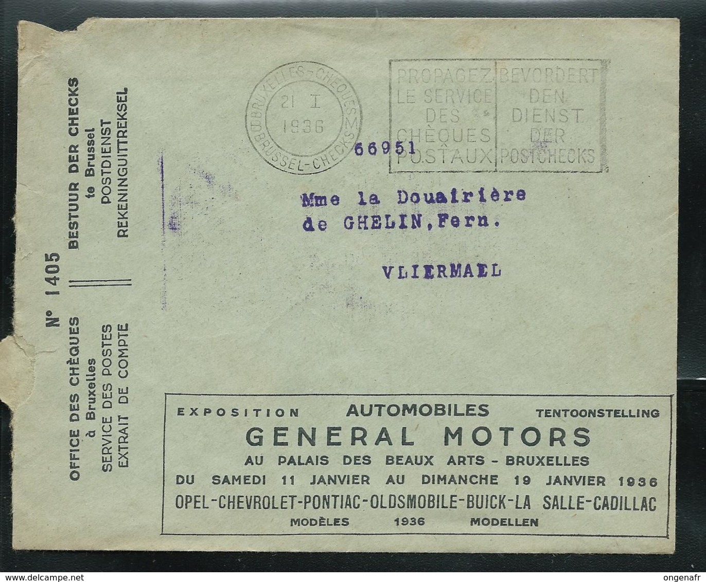 LSC Des CCP Avec Pubs: Général Motors Automobiles  Expo  - Agrafeuses BOSTITCH; Accumulateurs, Chimie E  Obl. 21/01/1936 - Zonder Portkosten