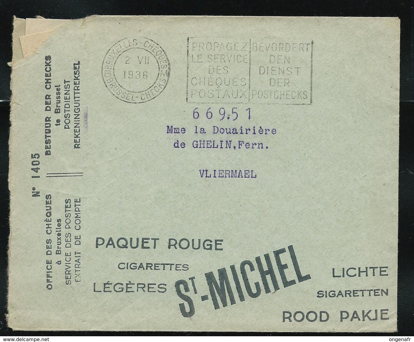 LAC Des CCP Avec Pubs: Cigarettes ST-MICHEL  - Mortix étanchéisez Vos Toitures  Obl. 02/07/1936 - Zonder Portkosten
