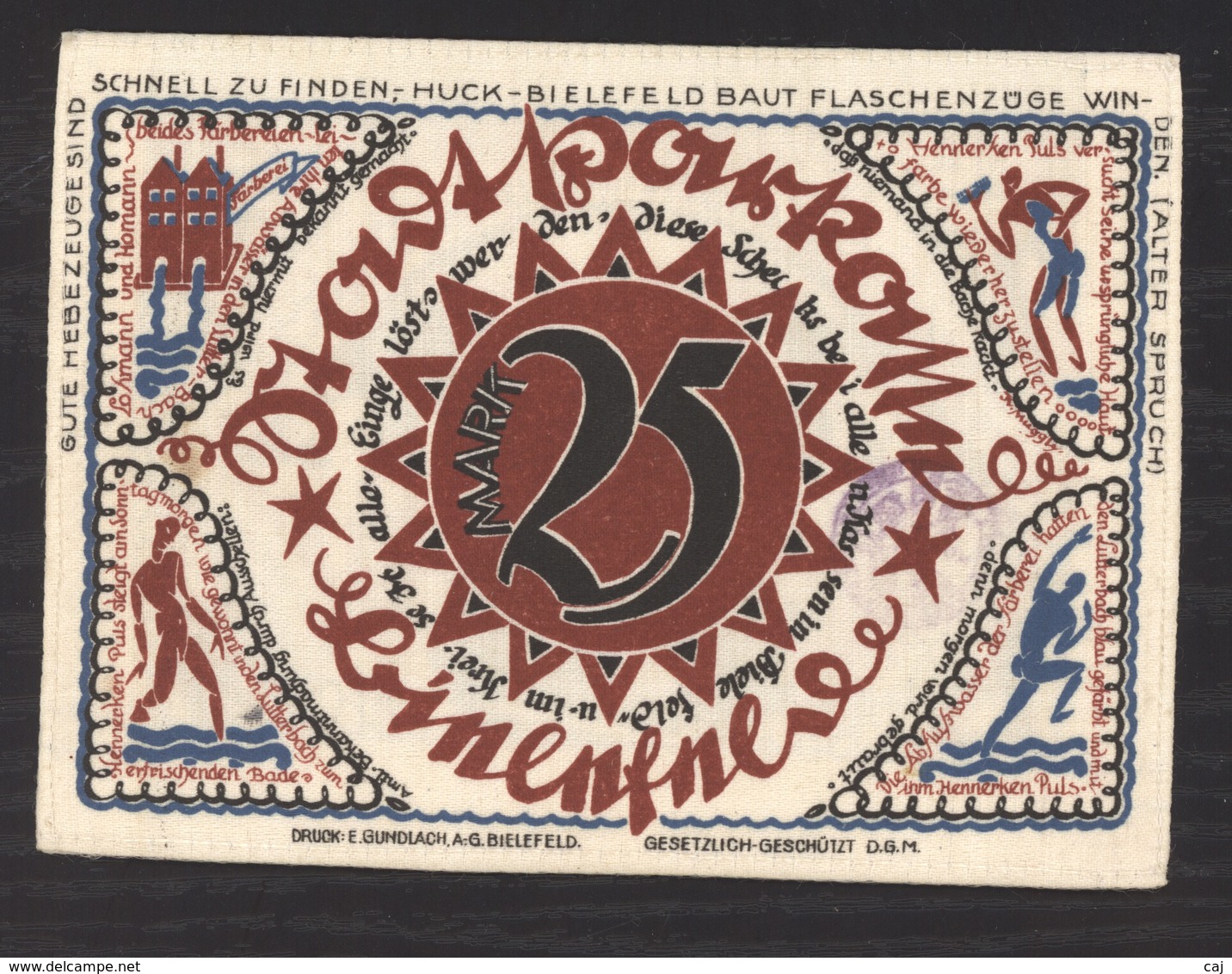 Bielefeld Notgeld 1921, Aus Seide Mit Werbung Huck Hebezeuge, 25 Mark - [11] Emissions Locales