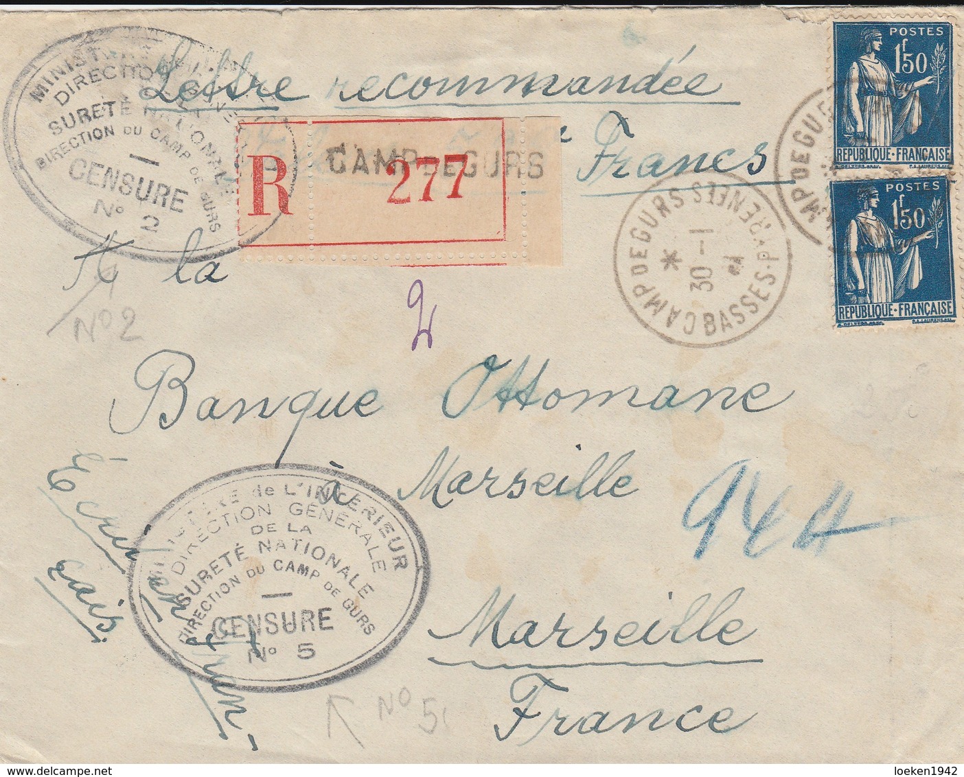 1940 CAMP DE GURS  CENSURE N°5  Rare  Lettre Recommandée  ELA74 - Guerra De 1939-45