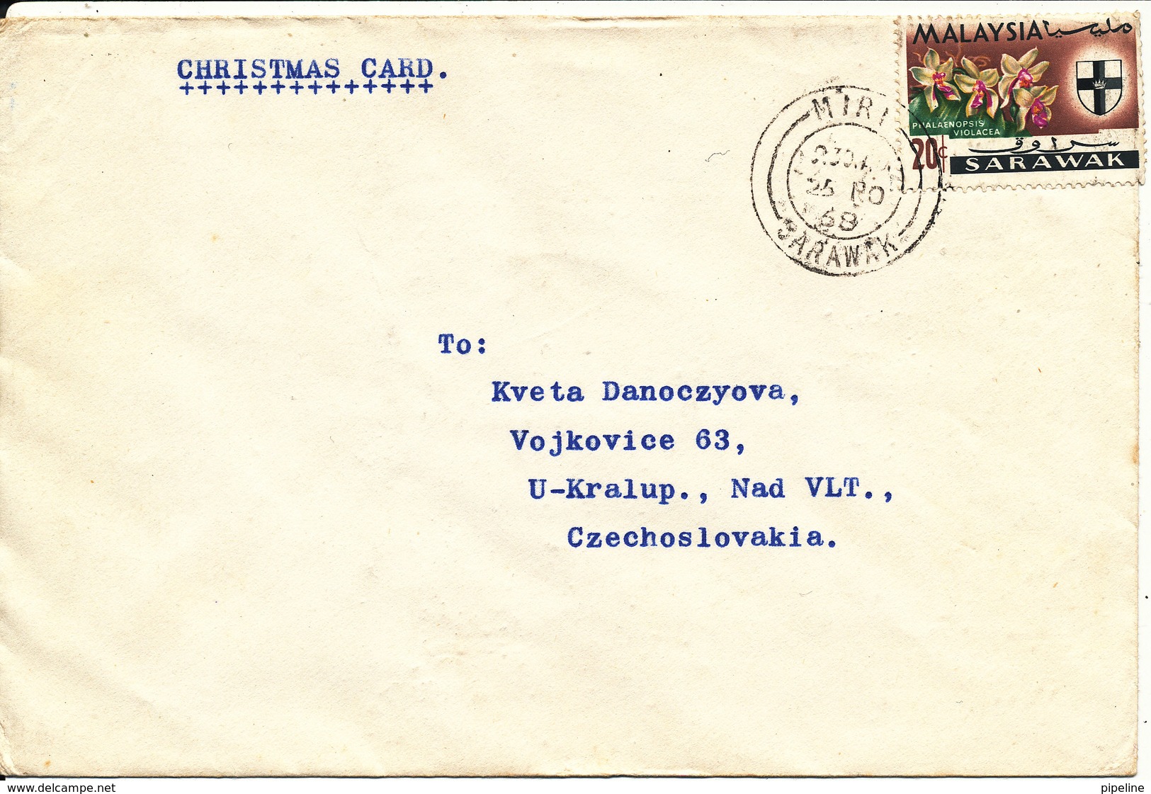 Malaysia Sarawak Cover Sent To Czechoslovakia Miri 25-11-1968 Single Franked - Malaysia (1964-...)