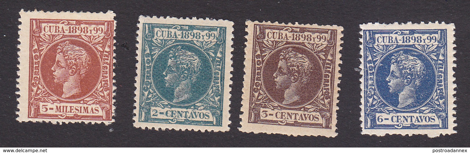 Cuba, Scott #160, 162-163, 166, Mint Hinged, King Alfonso XIII, Issued 1898 - Cuba (1874-1898)