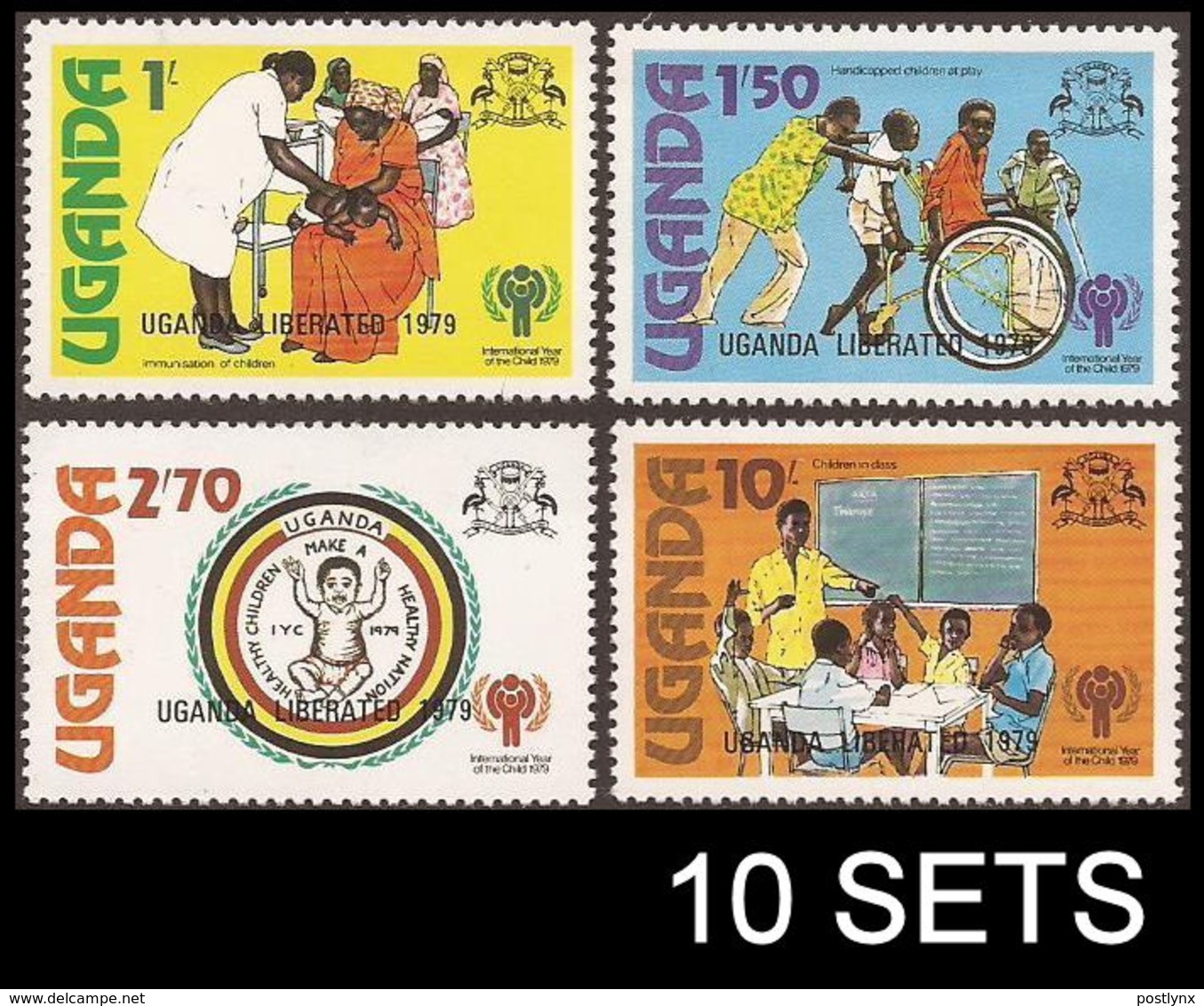 CV:€30.00 UGANDA 1979 IYC Int.Year Of Child Health Handicap Education OVPT:Liberation 10 SETS: (10x4=40 Stamps) - Uganda (1962-...)