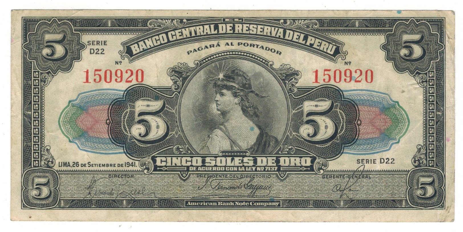 Peru 5 Soles, 1941  VF. - Peru