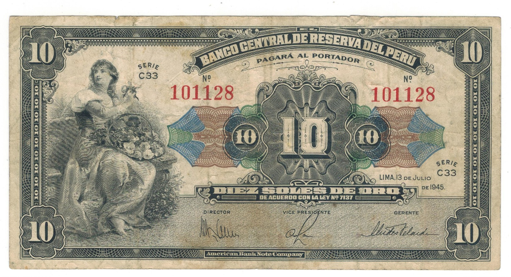 Peru 10 Soles, 1945,  F. - Perù