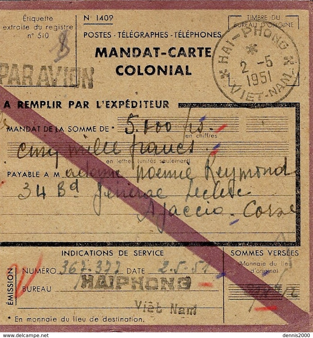 1951- Mandat-carte / COLONIAL D'HAI-PHONG / VIET-NAM  -valeur 5100 Rs - Lettres & Documents