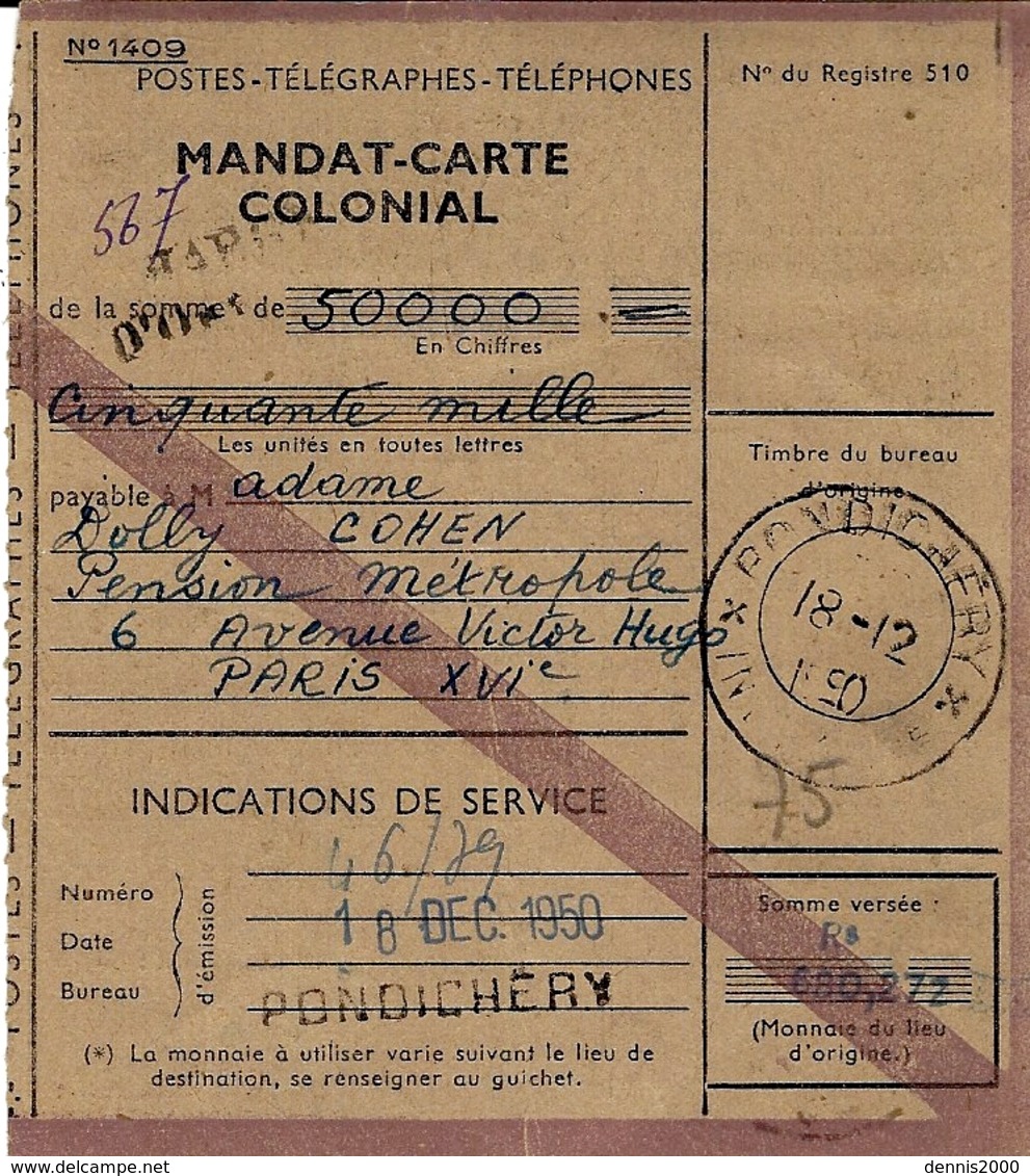 1950- Mandat-carte / COLONIAL De PONDICHERY   - Valeur  50.000 F - Cartas & Documentos