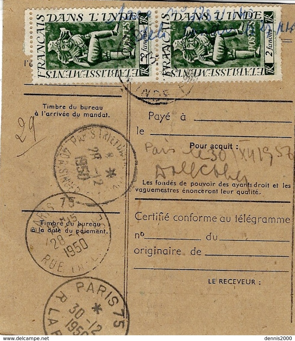 1950- Mandat-carte / COLONIAL De PONDICHERY   - Valeur  50.000 F - Covers & Documents