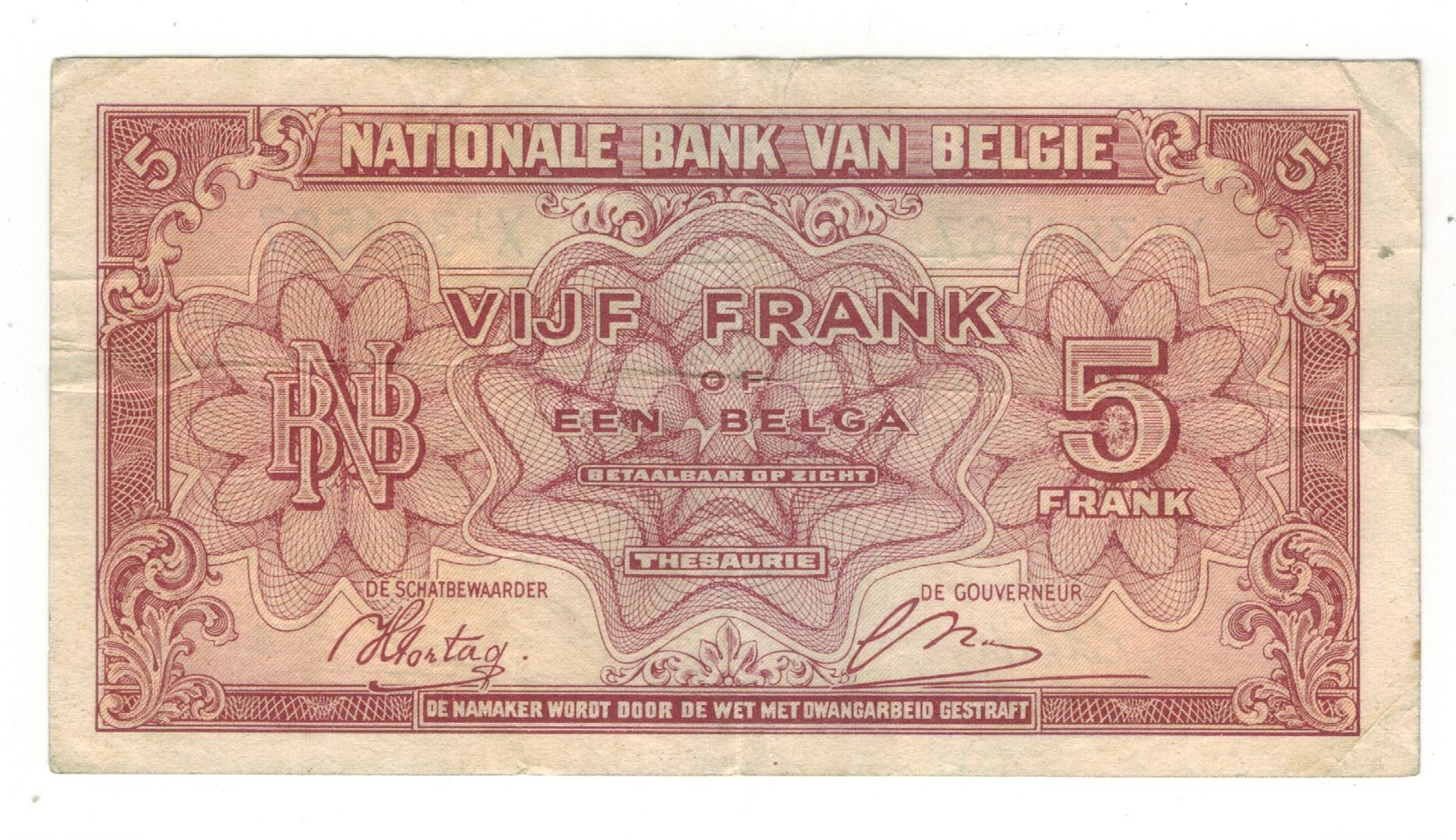 Belgium 5 Fr (1 Belgas) 1943, Used, See Scan. - 5 Francs-1 Belga