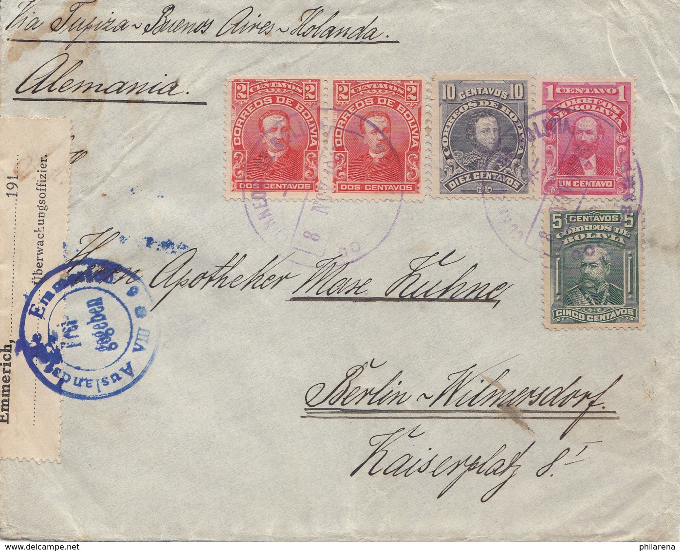 Bolivia/Bolivien: 1915 Cover Cochabamba Via Buenos Aires To Berlin, Censor - Bolivia