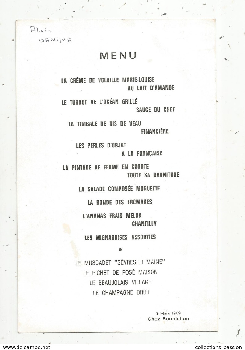 Menu , 19 X 14 , Taverne Du Lion D'Or , Chez BONNICHON , 1969 , Limoges , Haute Vienne ,87 , Frais Fr 1.45 E - Menu