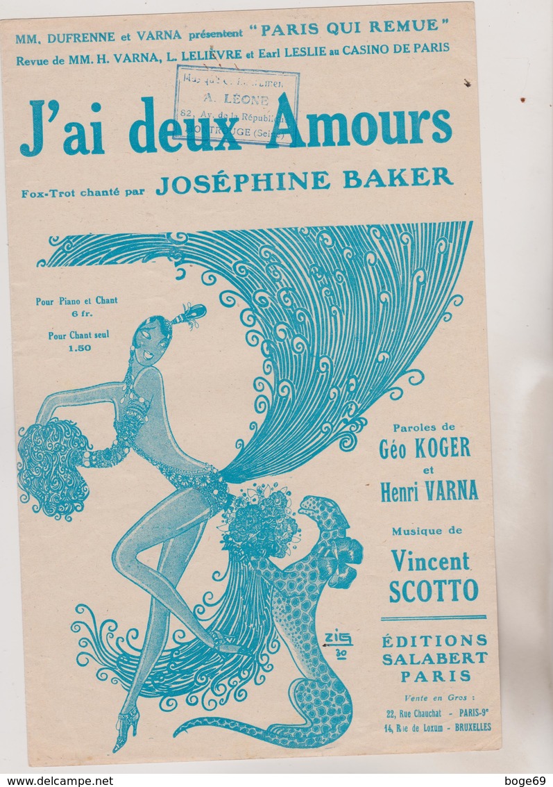 (GEO) J'ai Deux Amours , JOSEPHINE BAKER , Musique VINCENT SCOTTO , Paroles GEO KOGER - Partitions Musicales Anciennes