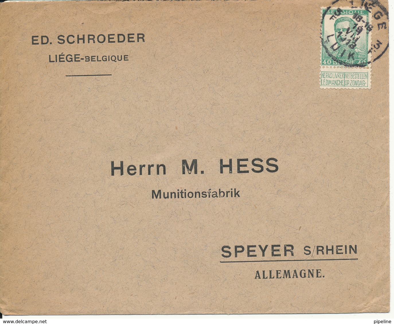 Belgium Cover Sent To Germany Liege 19-8-1913 Single Franked - 1912 Pellens