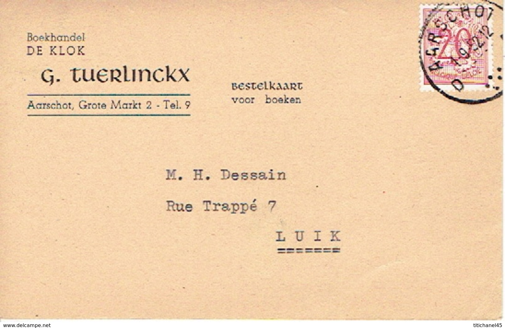 Postkaart Publicitaire 1952 AARSCHOT - "DE KLOK" G. TUERLINCKX - Boekhandel - Aarschot