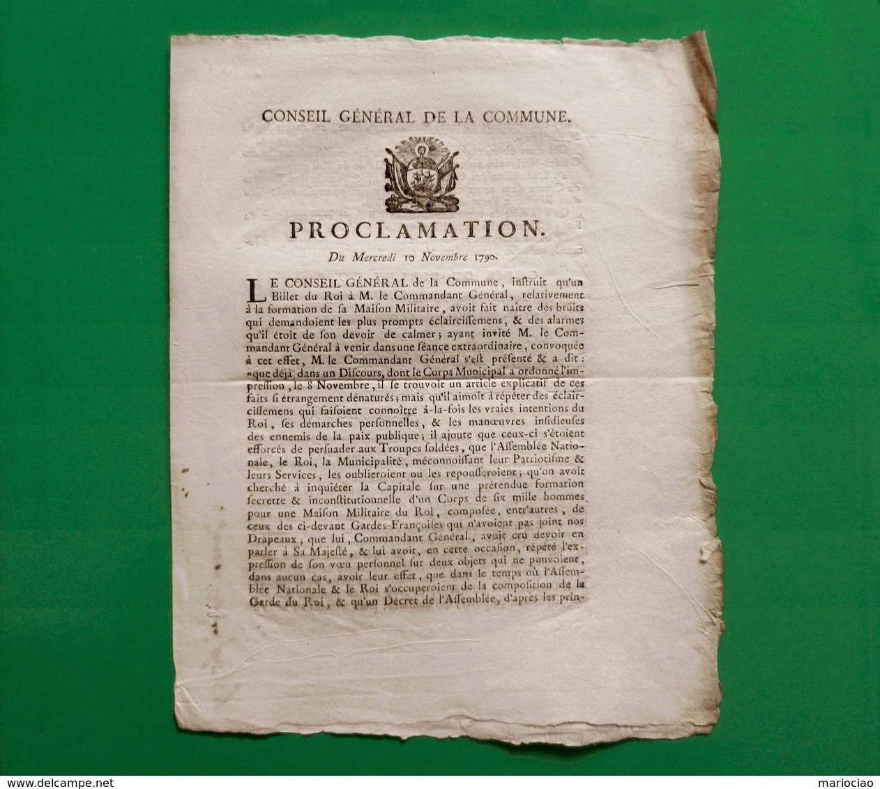 D-FR Révolution 1790 Proclamation Du Mercredi 10 Novembre 1790 Conseil Général De La Commune De Paris - Documents Historiques