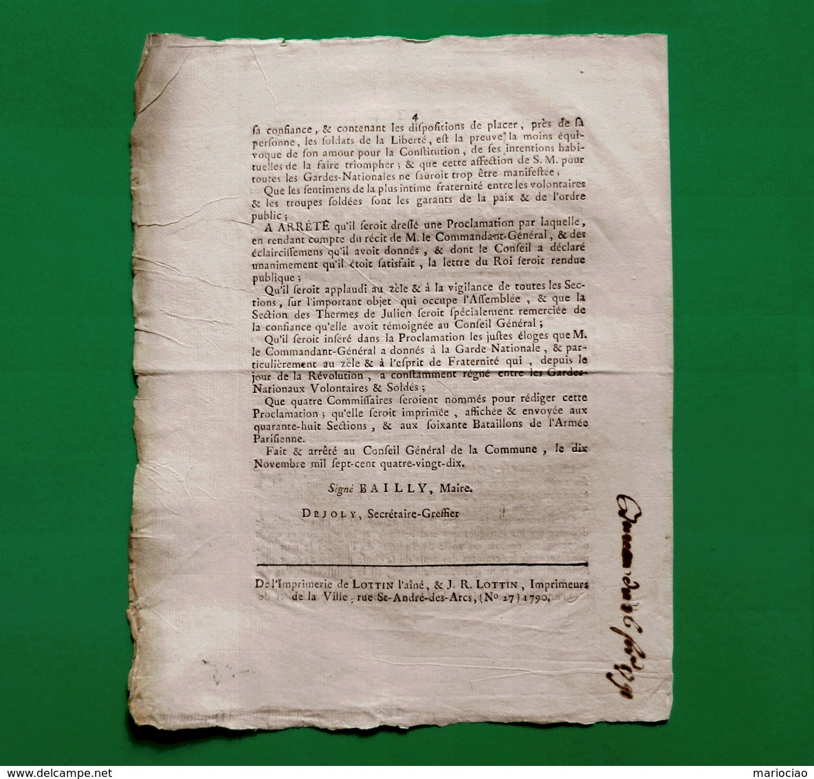 D-FR Révolution 1790 Proclamation Du Mercredi 10 Novembre 1790 Conseil Général De La Commune De Paris - Documents Historiques