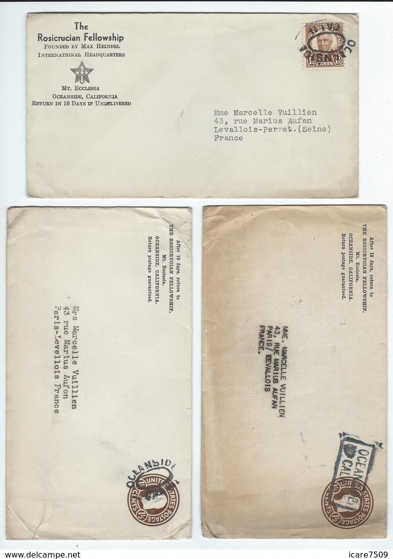 3 Enveloppes De "The ROSICRUCIAN FELLOWSHIP" - Oceanside, Calfornia - Documents Historiques