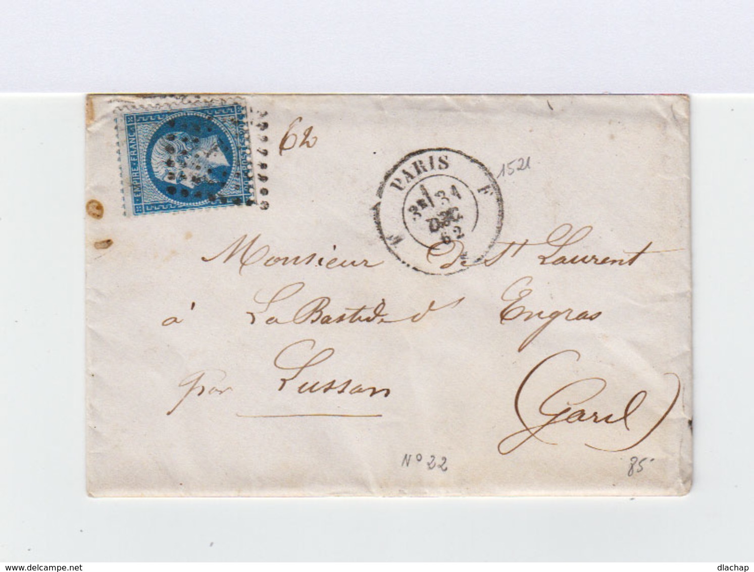 Sur Enveloppe Type Empire Franc Napoléon III 20 C Bleu. Oblitération Losange Et Lettre. CAD E F H Paris 1862. (788 - 1849-1876: Période Classique