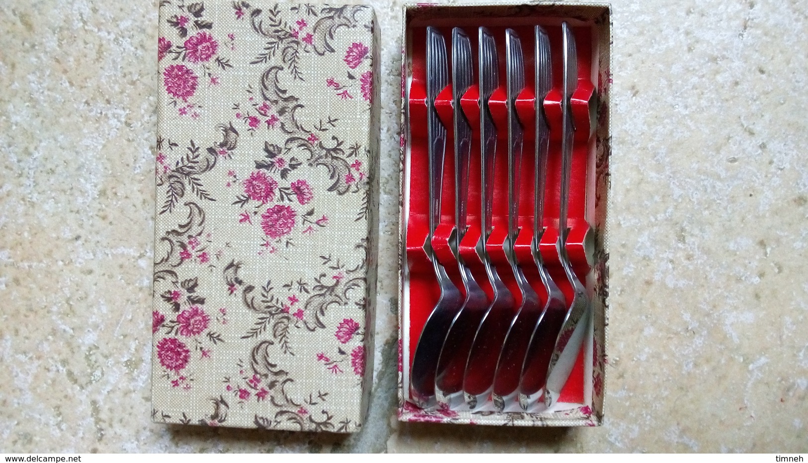 Durinox - Coffret Carton Aux Fleurs - 6 Petites Cuillères Plates-  Spécial Glace & Dessert Glacé - Inox - Vers 1960 - Spoons