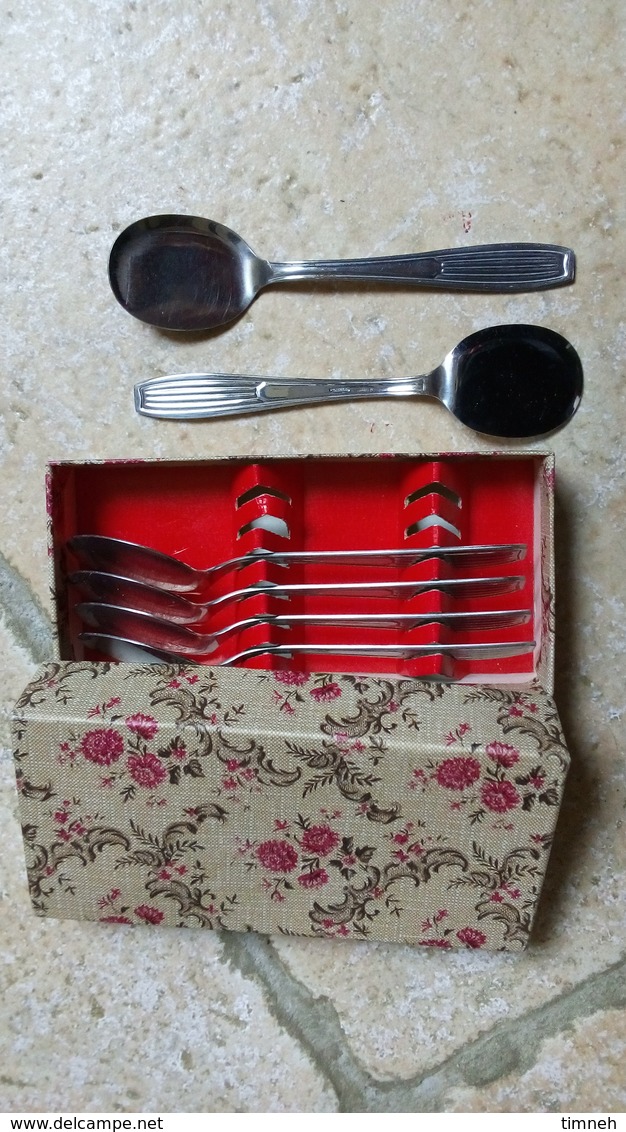 Durinox - Coffret Carton Aux Fleurs - 6 Petites Cuillères Plates-  Spécial Glace & Dessert Glacé - Inox - Vers 1960 - Spoons