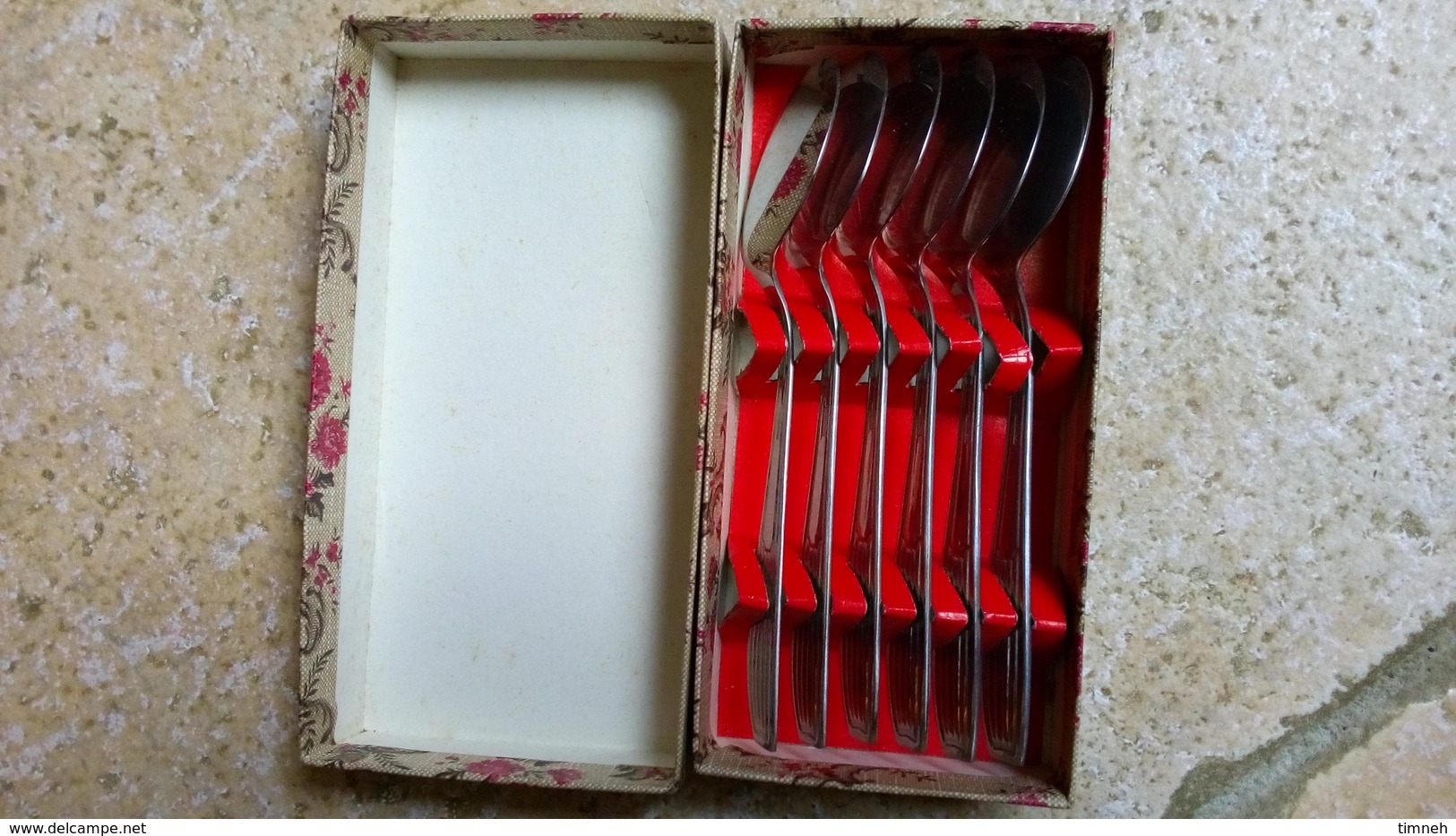 Durinox - coffret carton aux fleurs - 6 petites cuillères plates-  spécial glace & dessert glacé - inox - vers 1960