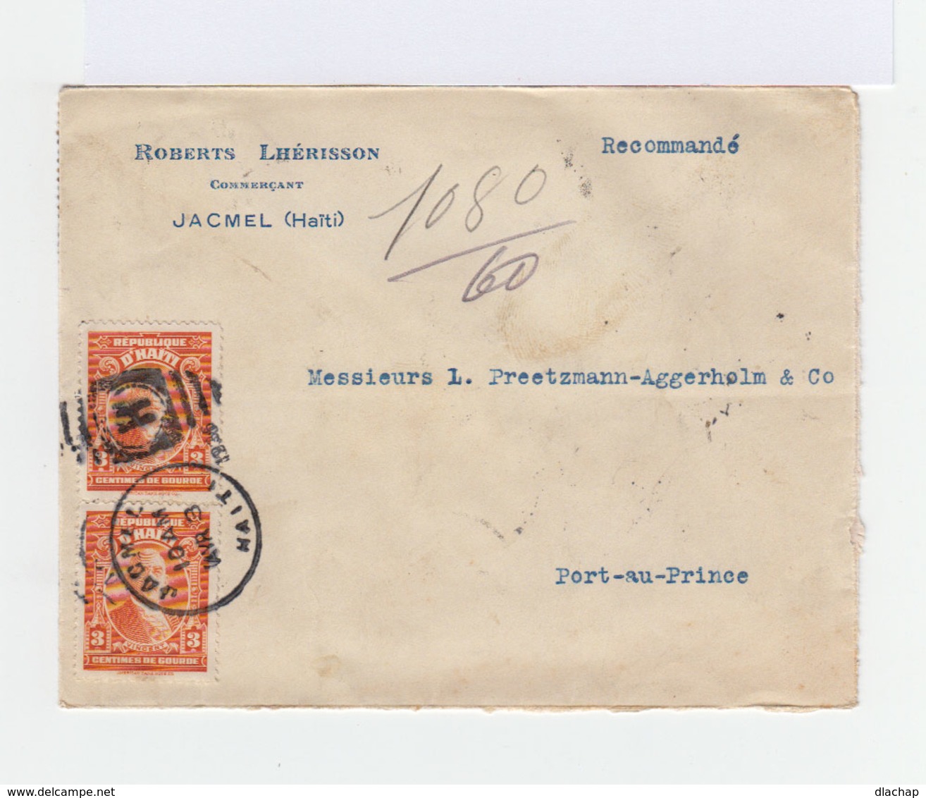 Sur Enveloppe Recommandée Douze Timbres Haïti 3 C. Orange P. Stenio Vincent. CAD Jacmel 1936. (791) - Haïti