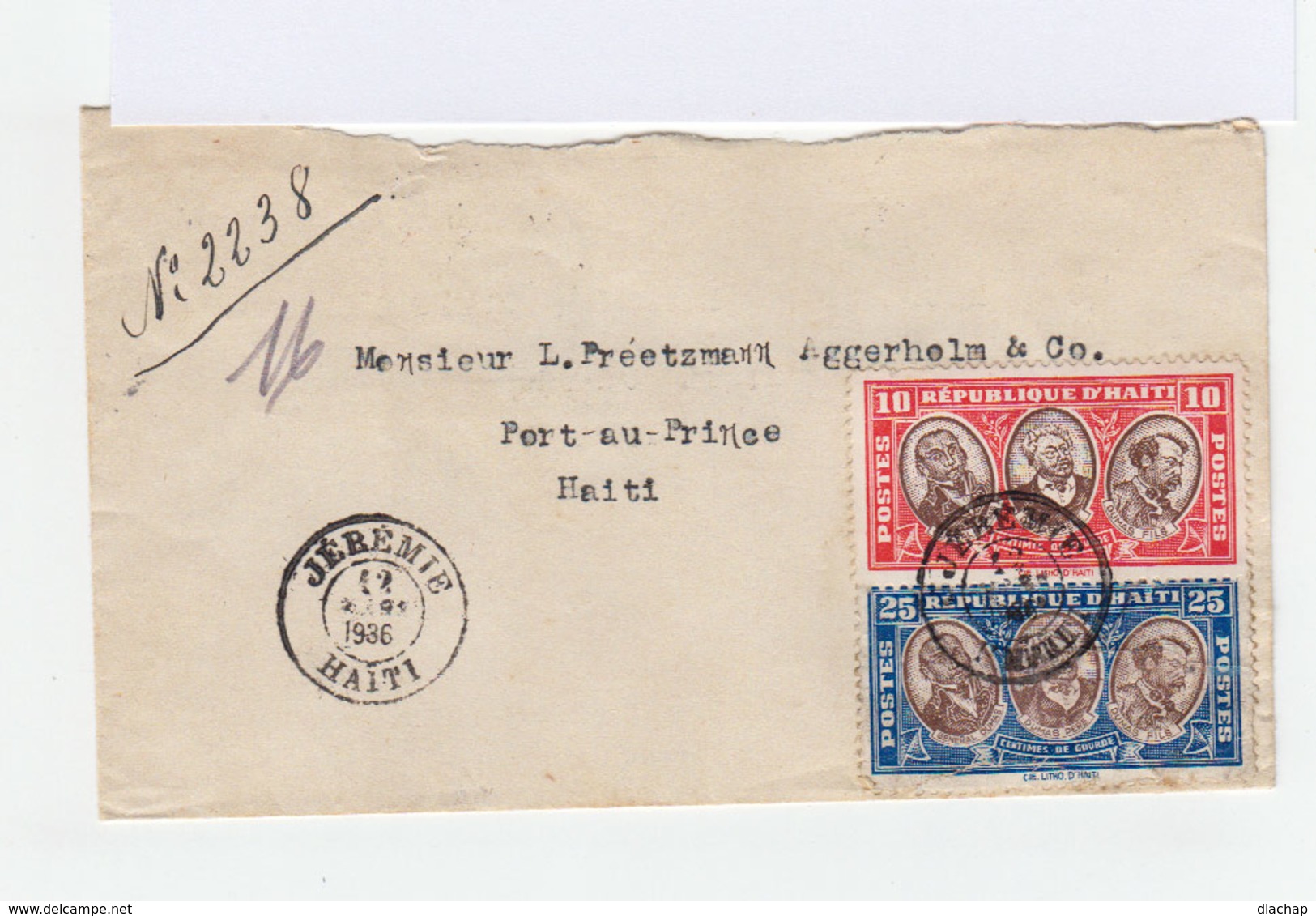 Sur Enveloppedeux Timbres Haîti CAD Jérémie 1936. (792) - Haïti