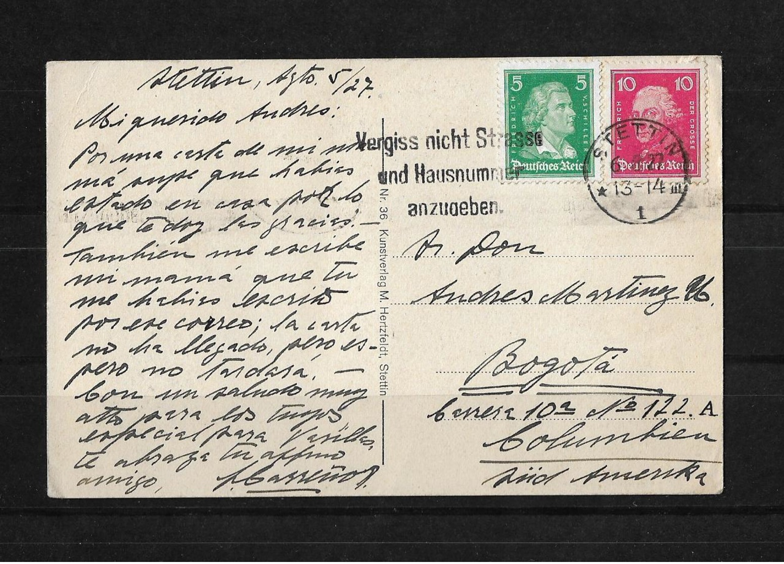 Alemania 1927 Tarjeta Postal Circulada De Stettin A Bogota - Otros & Sin Clasificación