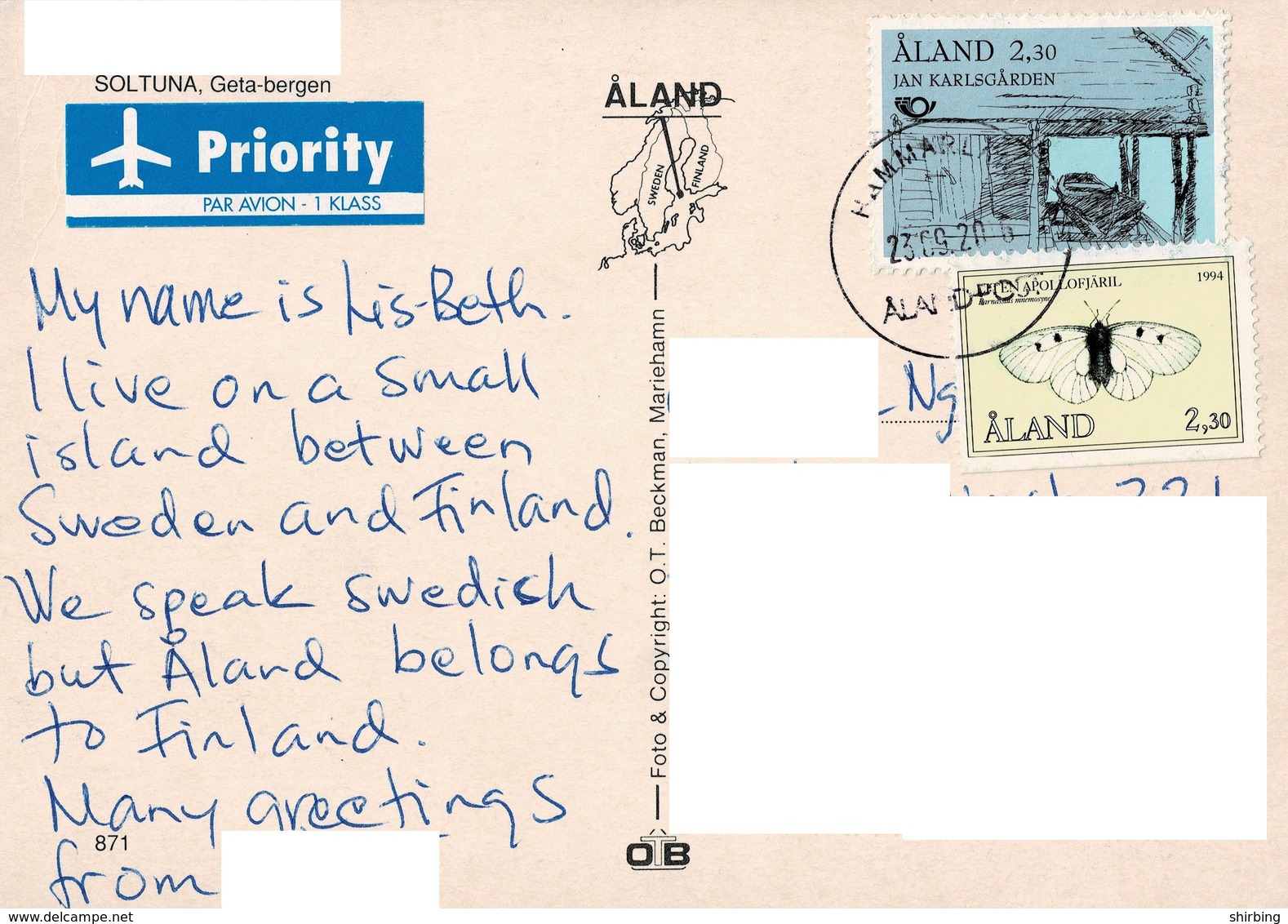 23A : Aland House And Moth Stamp Used On Sotuna Postcard - Aland