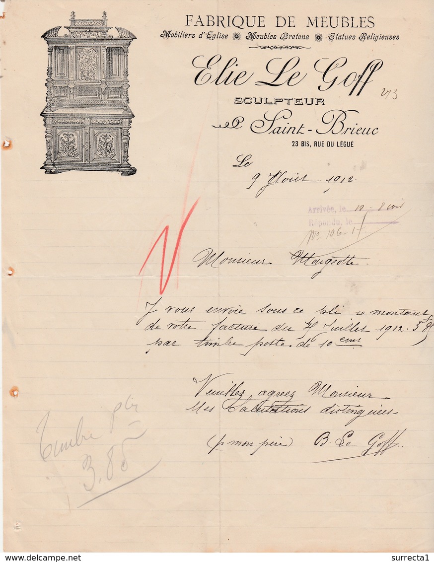 Facture 1912 / Elie LE GOFF / Sculpteur / Fabricant De Meubles / 22 Saint-Brieuc - 1900 – 1949