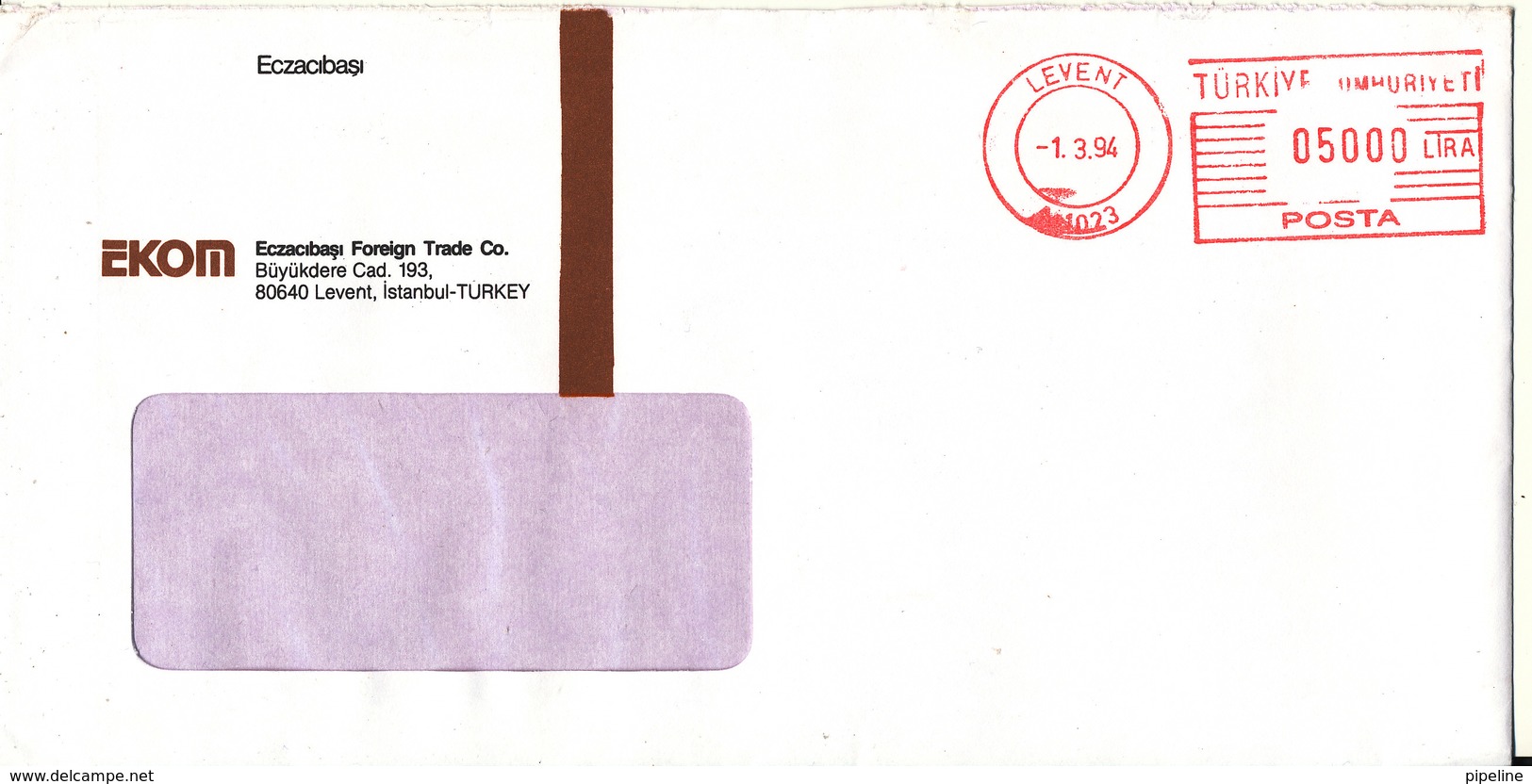 Turkey Cover With Meter Cancel Sent To Denmark Levent 1-3-1994 - Covers & Documents