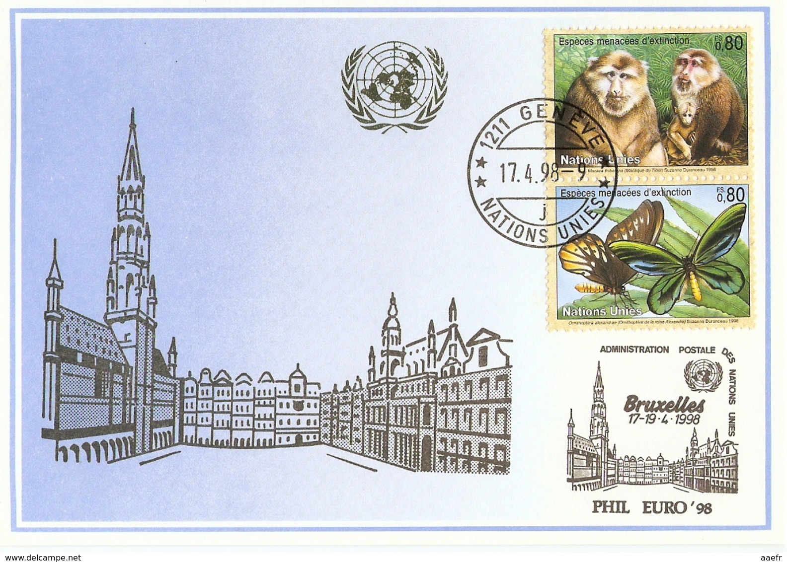 ONU Genève 1998 - 2 FDC - Espèces Menacées D'extinction - Macaque - Daim - Flamant -  Romafil'98 - Phil Euro'98 - Maximum Cards