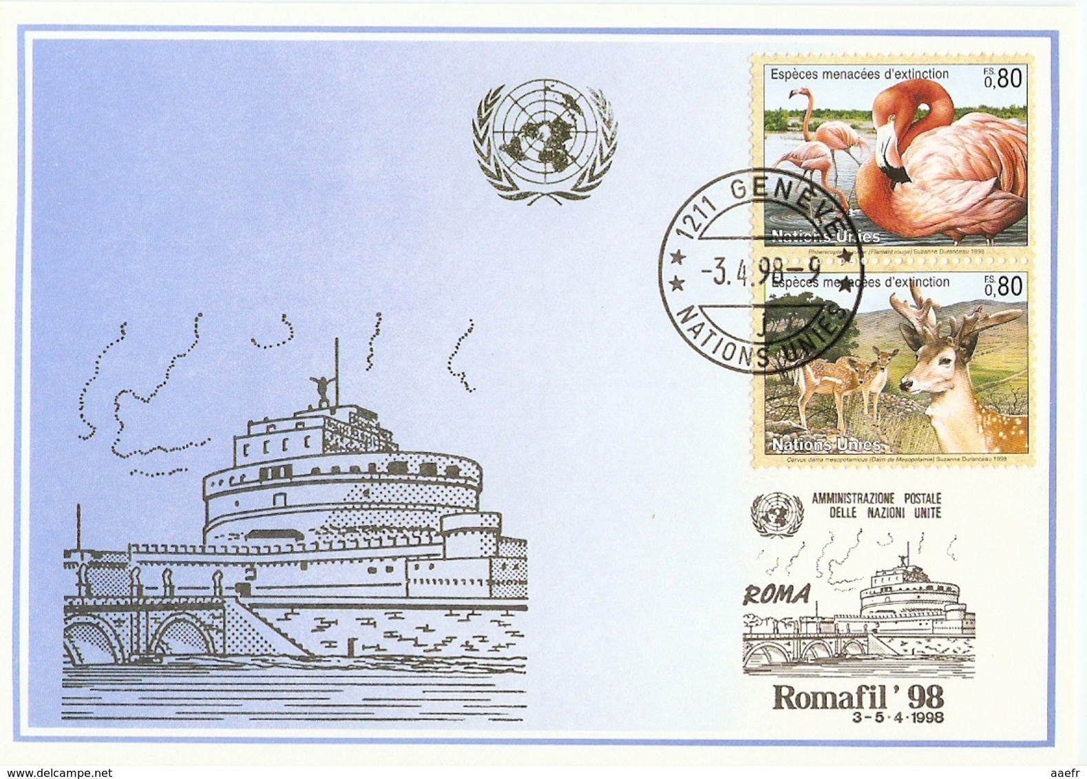 ONU Genève 1998 - 2 FDC - Espèces Menacées D'extinction - Macaque - Daim - Flamant -  Romafil'98 - Phil Euro'98 - Maximum Cards