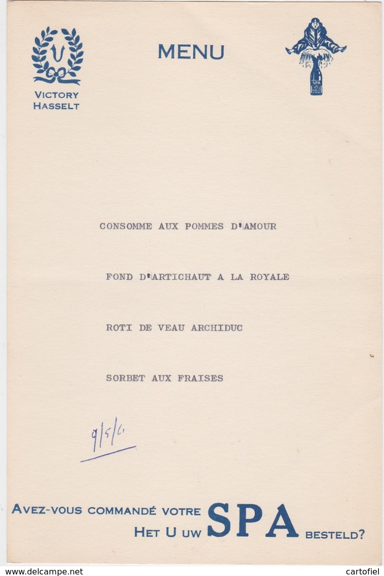 HASSELT-HOTEL-RESTAURANT-VICTORY-SPA-MENU-1961-ORIGINELE  MENUKAART+-15-22CM-ZELDZAAM ! ! ! - Hasselt