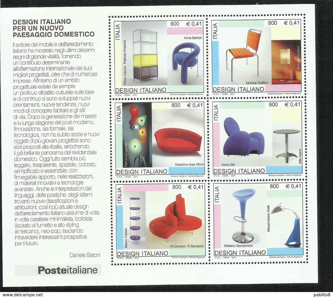 ITALIA REPUBBLICA ITALY REPUBLIC 2001 ITALIAN DESIGN ITALIANO BLOCCO FOGLIETTO BLOCK SHEET MNH - Blocchi & Foglietti