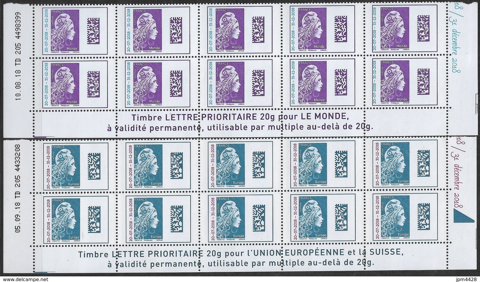 France 2018 Timbre Gommé ** Bande Bas De Feuille Datée  Marianne L'Engagée 20g Datamatrix Surchargées -  Europe Et Monde - Unused Stamps