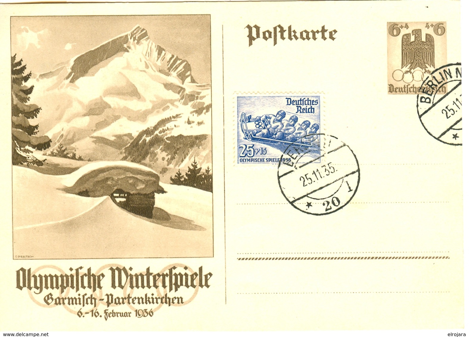 GERMANY Olympic Stationery With Olympic Bobsleigh Stamp With First Day Cancel 25.11.35 - Winter 1936: Garmisch-Partenkirchen