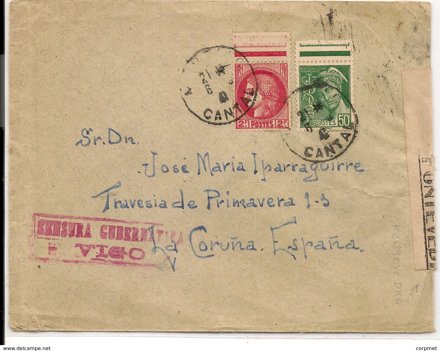 FRANCE - 1941 DOUBLE CENSORED COVER From CANTAL To LA CORUÑA - Yvert ·#  414B - 373 Vf MARGINAL STAMPS - WW II
