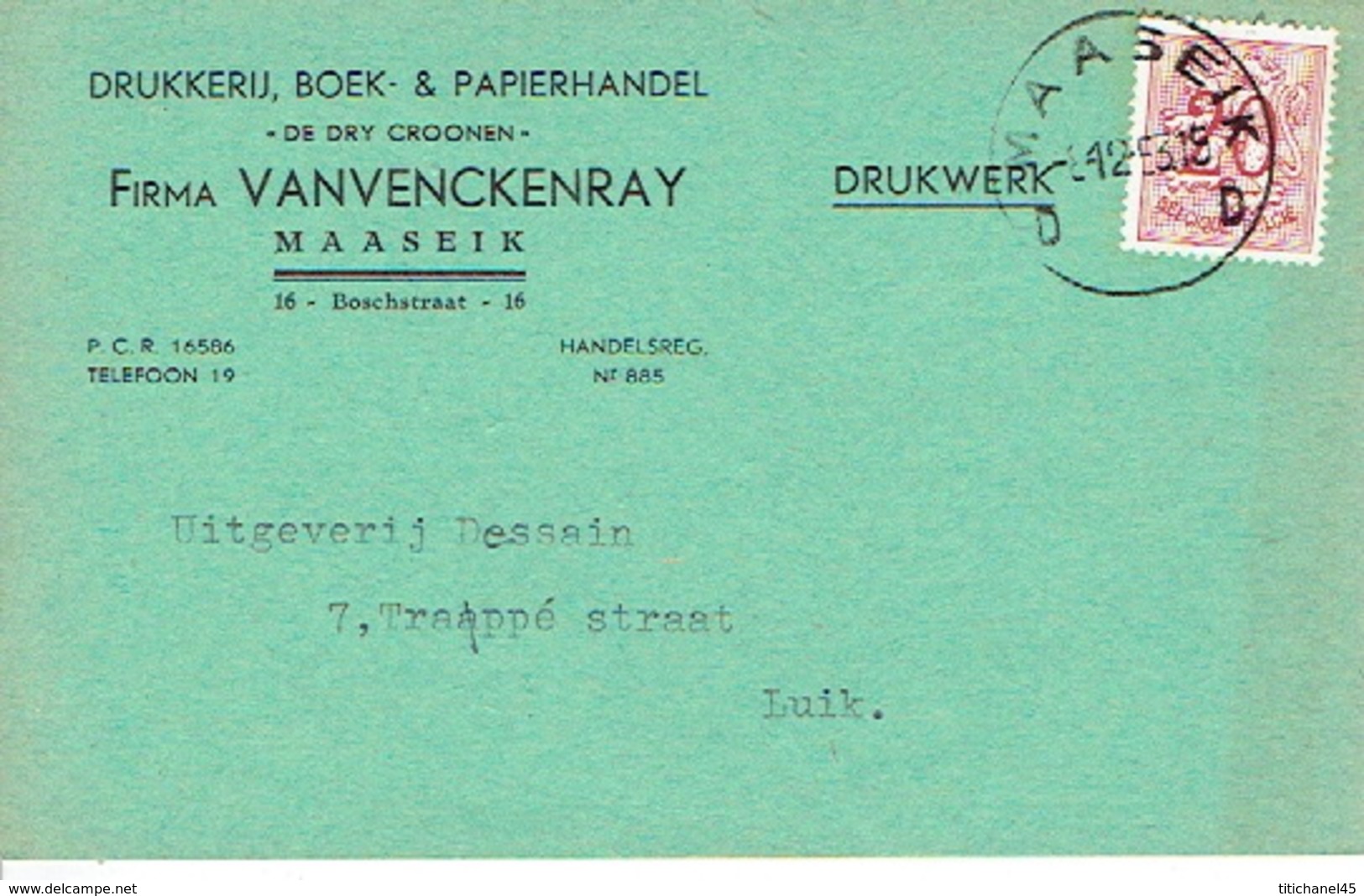 PK Publicitaire MAASEIK 1953 - Firma VANVENCKENRAY "IN DE DRY CRONEN" - Drukkerij, Boek- & Papierhandel Te MAASEIK - Maaseik