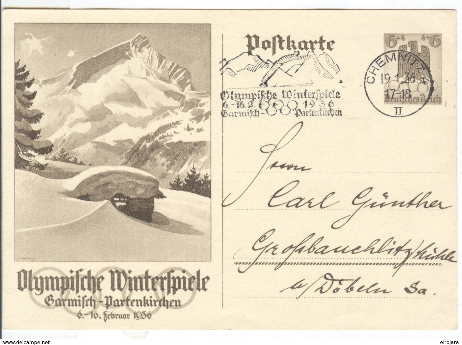 GERMANY Olympic Stationery With Olympic Single Ring Machine Cancel Chemnitz - Winter 1936: Garmisch-Partenkirchen